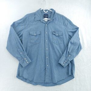 Wrangler Shirt Mens 2XL Blue Chambray Western Pearl Snap Long Sleeve
